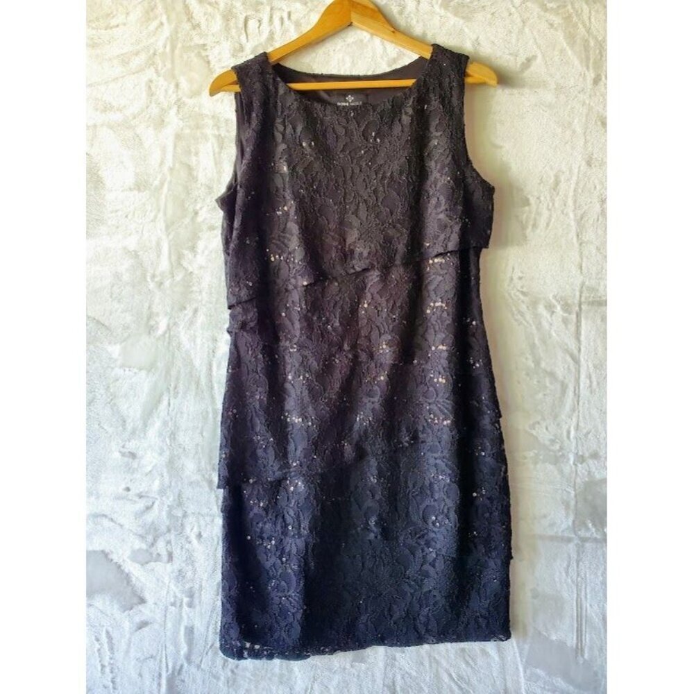 Ronni Nicole Black Lace Sequins Sleeveless Dress Size 12 Tiered Layers Elegant D